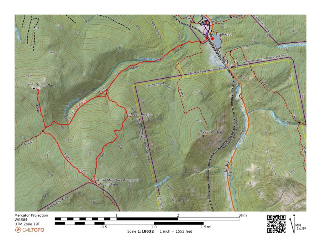 Map of the Mount Tom, Mount Field, and Mt Avalon NH Loop Hike