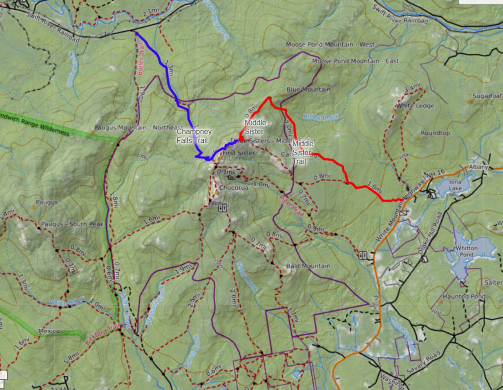 Trail map NH Middle Sister